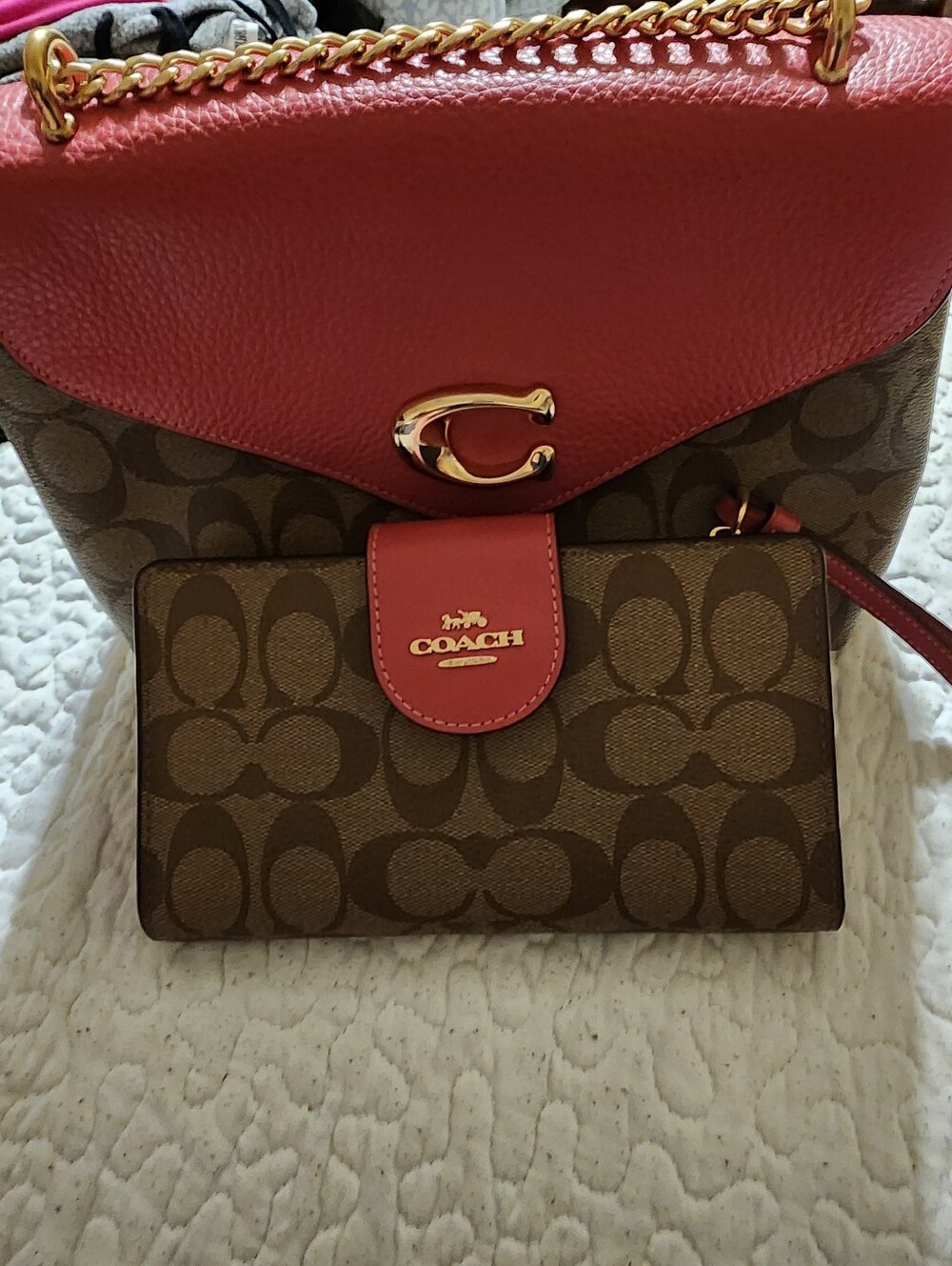 Coach Brown Signature Canvas with Red Leather Flap and Gold Hardware With Wallet